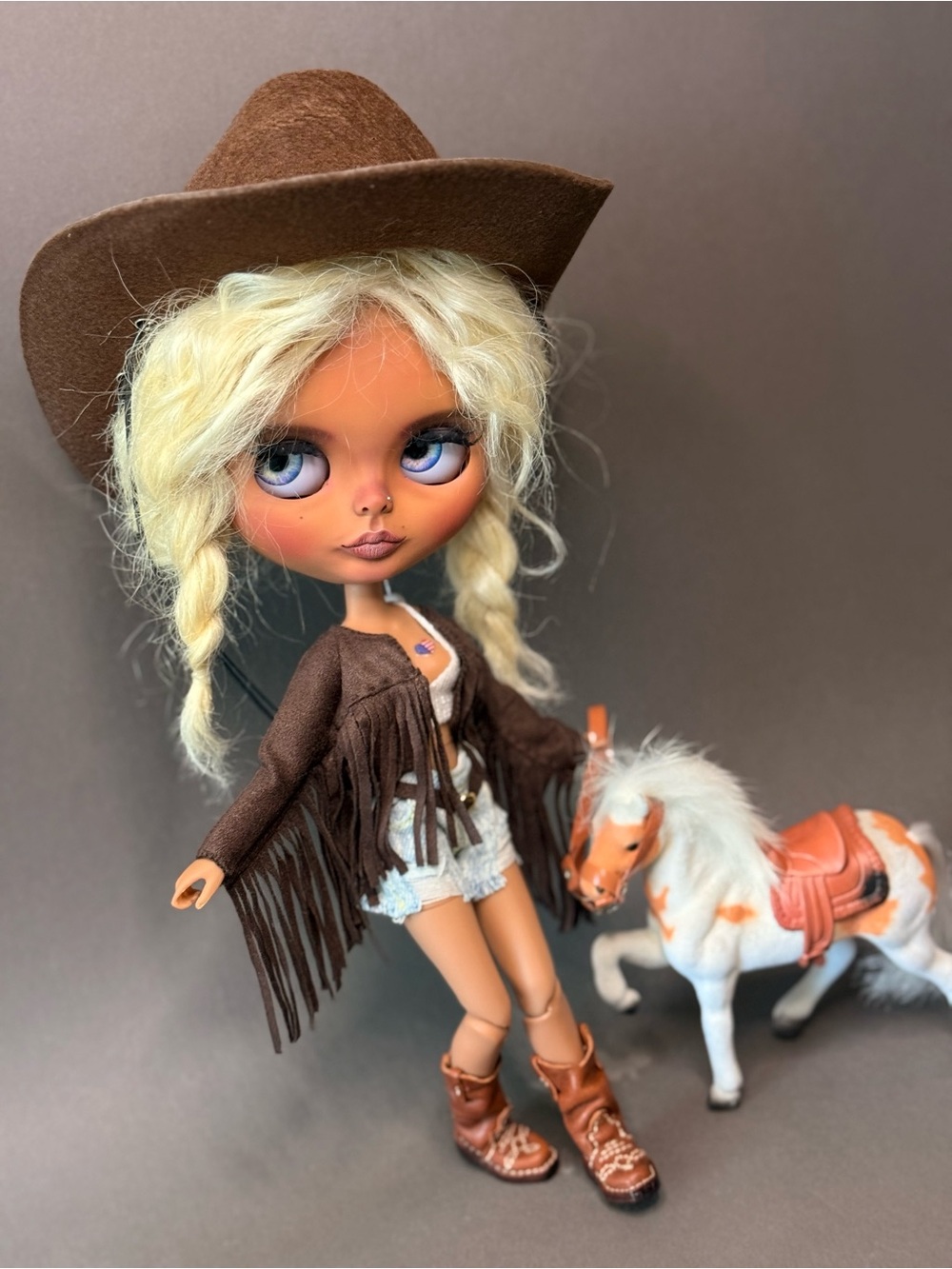 OOAK Custom Blythe Cowgirl Doll | Western Boho Art Doll w/ Horse